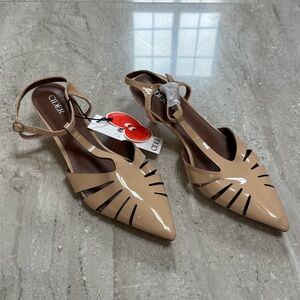 Cider Nude Patent Pointed-Toe Slingback Kitten Heels